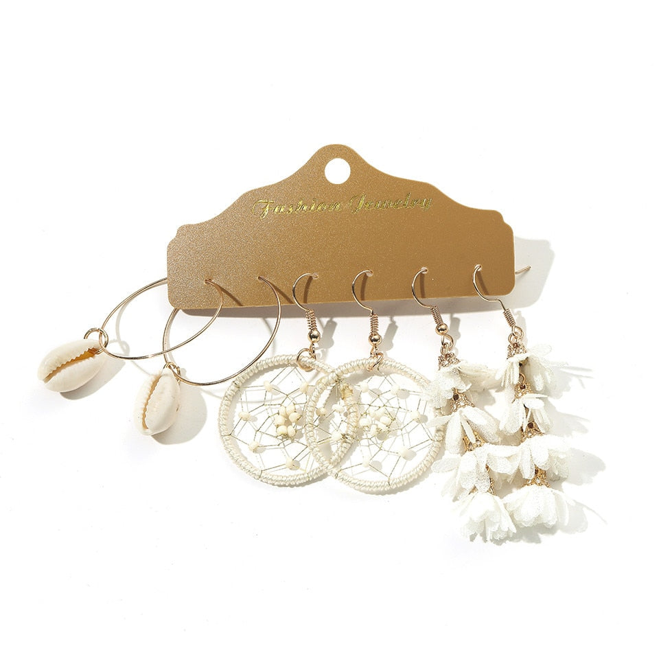 Big Round Beige White Tassel Earrings Set Ethnic Vintage Bohemian