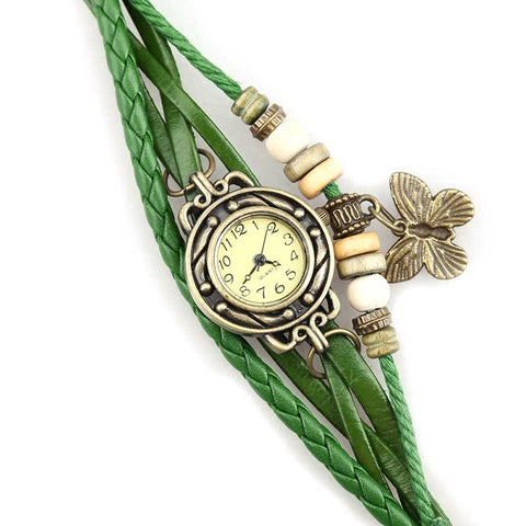 Women Retro Bracelet Wrist Watch Weave Wrap Faux Leather Butterfly