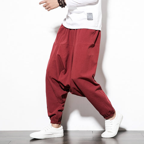 Cotton Harem Pants Men Solid Elastic Waist Streetwear Joggers
