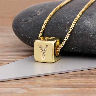 A-Z Initials Micro Pave Copper CZ Cube Letter Pendant Necklaces