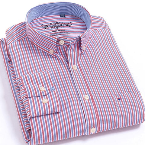 Long Sleeve Oxford Plaid Striped Casual Shirt Front Patch Chest Pocket Regular-fit