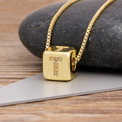 A-Z Initials Micro Pave Copper CZ Cube Letter Pendant Necklaces