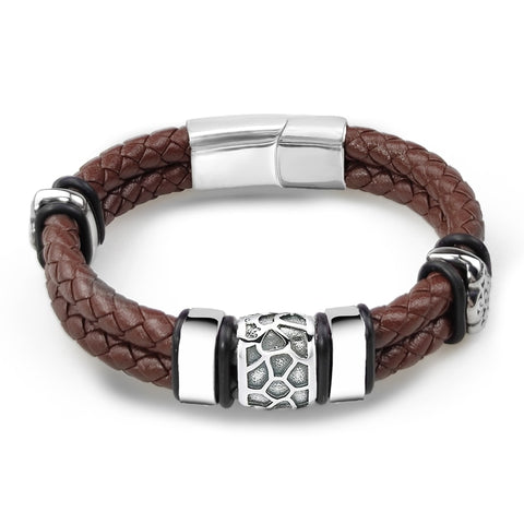 Stainless Steel Irregularly Cracked Bead Bracelet Genuine Braided Leather Male Bracelets