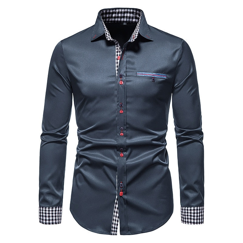 Plaid Patchwork Formal Shirts for Men Slim Long Sleeve White Button Up Shirt Dress