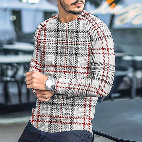 T-shirt Long Sleeve Slim Top Cotton Blend Stripe Plaid Print Male Pullover Sweater
