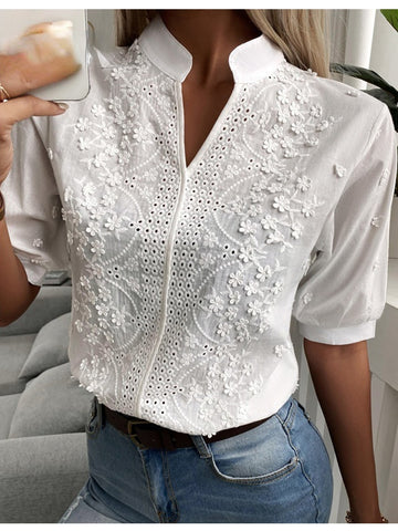 Chic Solid Hollow-out V Neck Lace Blouse Floral Patterns Embroidery