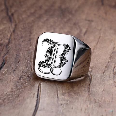 Retro Initials Signet Ring for Men 18mm Bulky Heavy Stamp Male Band Stainless Steel Letters Custom