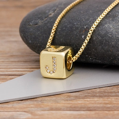 A-Z Initials Micro Pave Copper CZ Cube Letter Pendant Necklaces