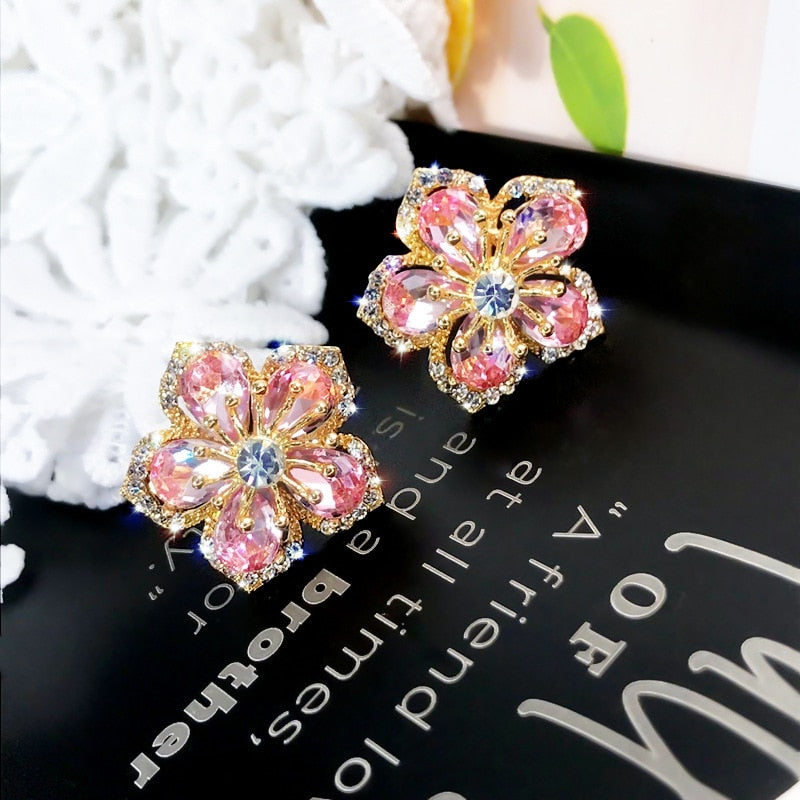 Flower Crystal Temperament Geometric Shiny Zircon Earrings Statement Earrings