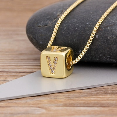 A-Z Initials Micro Pave Copper CZ Cube Letter Pendant Necklaces