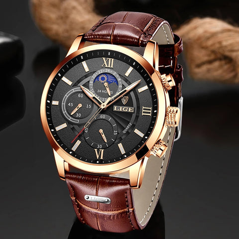 Mens Watches LIGE Top Brand Luxury Leather Casual Quartz Watch