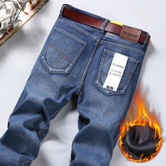 Classic MenRegular Fit Fleece Jeans Business Fashion Loose Casual