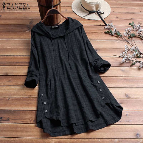 Women Blouse Plaid Checked Hoodies Long Sleeve Shirt Casual