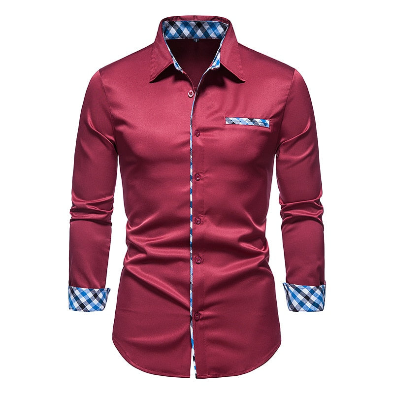 Plaid Patchwork Formal Shirts for Men Slim Long Sleeve White Button Up Shirt Dress