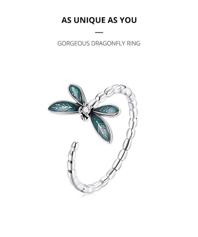 Vintage Green Dragonfly Ring 925 Sterling Silver Adjustable Finger Ring