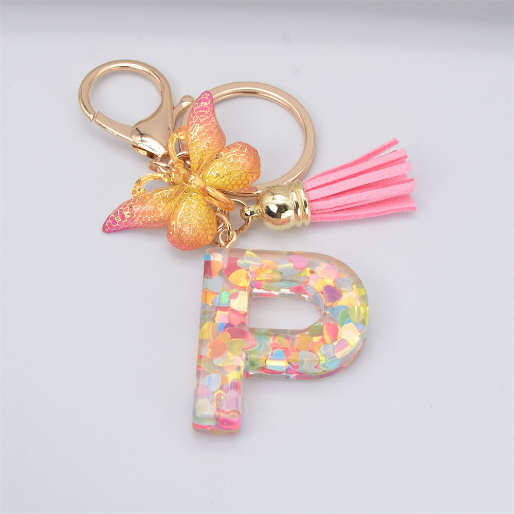 Acrylic Butterfly Letter Keychains English Alphabet Crystal Women Key Chains