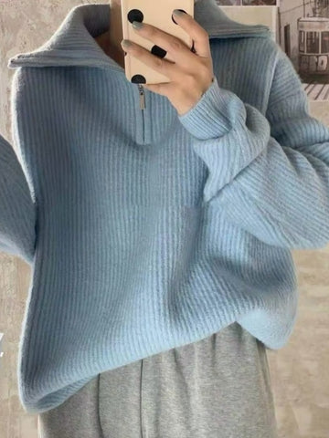 Women Sweater Oversize Zipper Knitted Pullover Long Sleeve Solid Color Lo