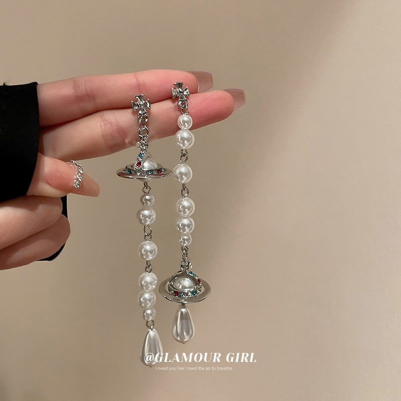 Shiny Rhinestone Imitation Pearl Long Tassel Earring