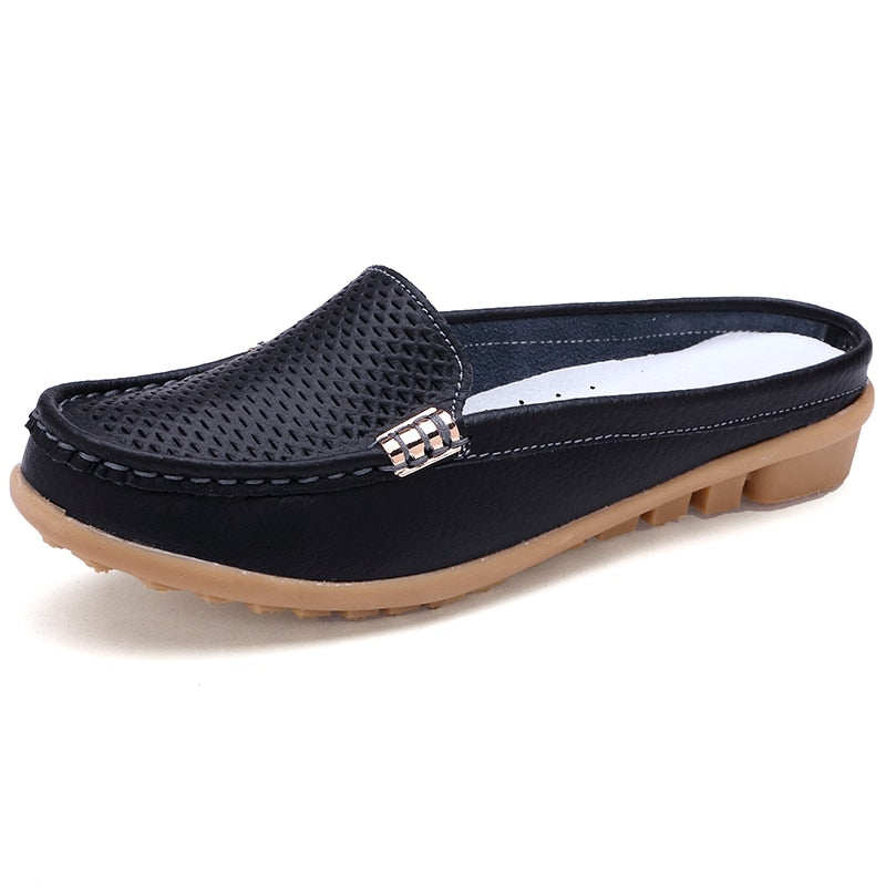 Women Casual Shoes Hollow Out Lady Half Genuine Leather Flats