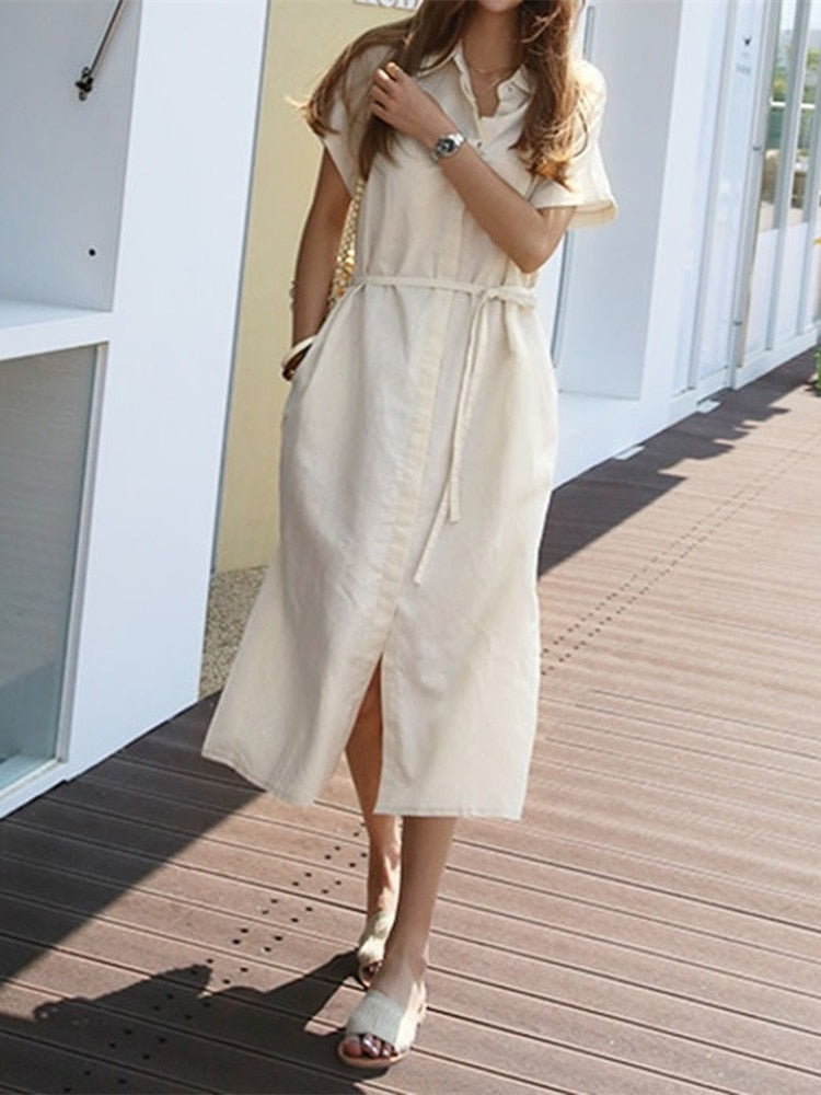 Summer Women Dress Shirt Dress Long Evening Female Vintage Maxi