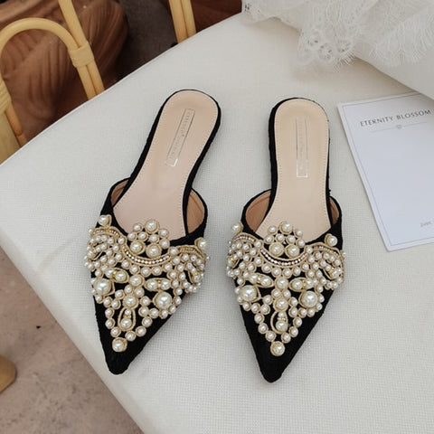 Shoes Elegant Beaded Crystal Lace Patchwork One Pedal Stiletto Slippers