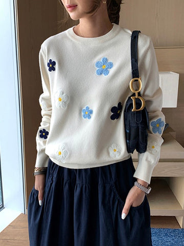 Floral Embroidery Pullover Sweater Elegant O Neck Knitted