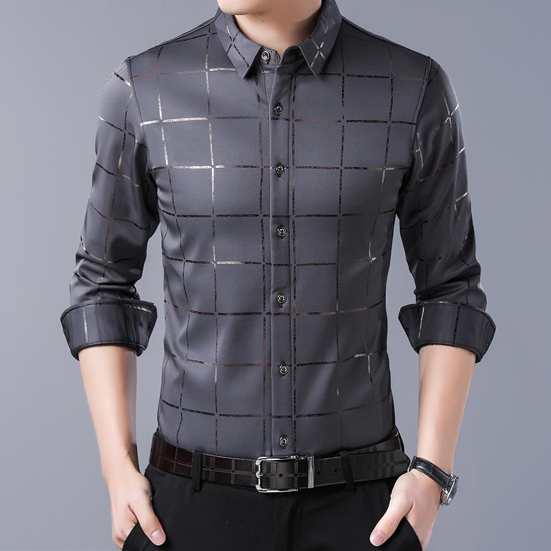 Casual Spring Luxury Plaid Long Sleeve Slim Fit Men Shirt Streetwear
