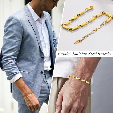 Bar Link Baht Link Chain Bracelet Stainless Steel Gold Plated Bamboo Bracelets