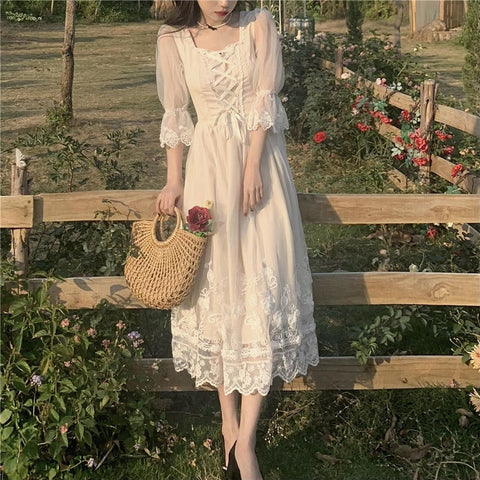 Vintage French Style White Lace Lolita Fairy Elegant Dresses