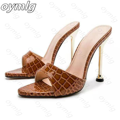 Summer women sandals snake print Strappy Mules high heels Slippers
