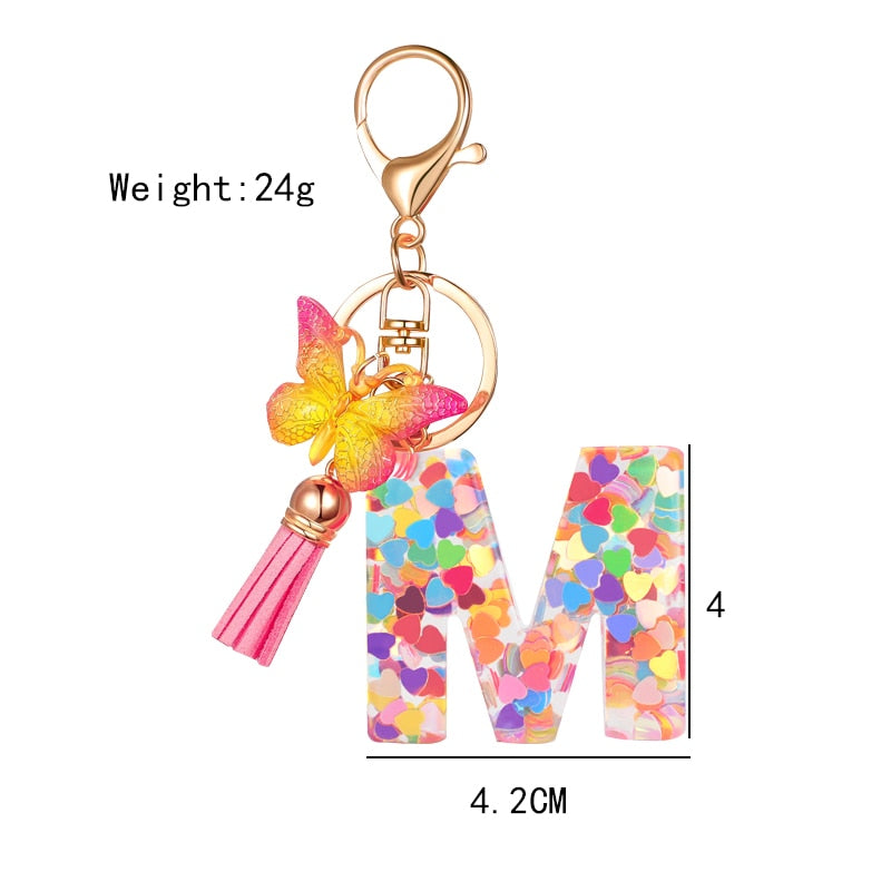 Acrylic Butterfly Letter Keychains English Alphabet Crystal Women Key Chains