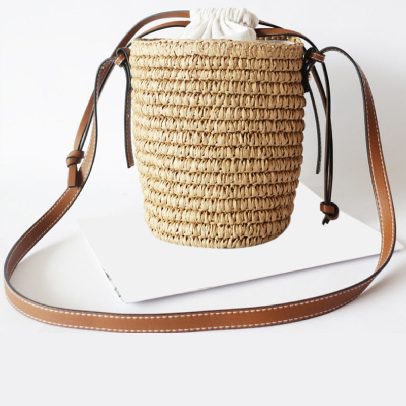 Style  Round Straw Tote Raffia Round Barrel Straw Woven Crossbody Bag