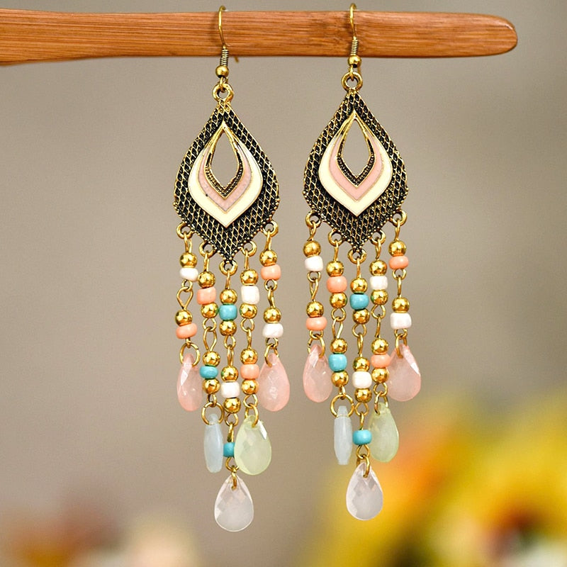 Bohemian Antique Gold Plated Long Water Drop Tassel Earrings