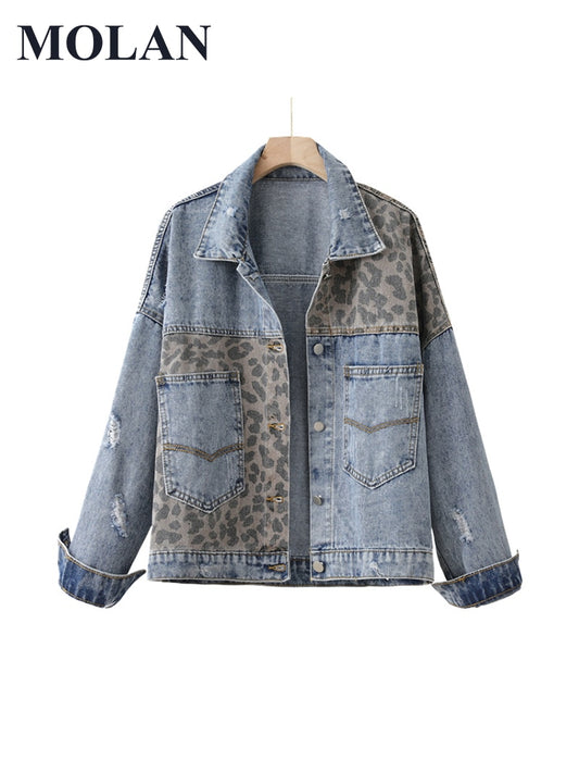 Denim Jacket Vintage Coat Long Sleeve Breasted Leopard-Print Casual Jean