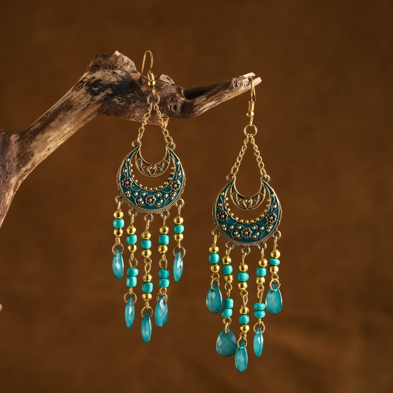 Bohemian Antique Gold Plated Long Water Drop Tassel Earrings