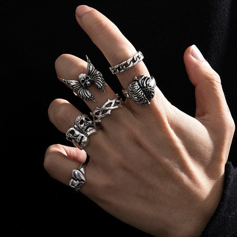 Punk Style Fashion Set Ring Men Vintage Various Shapes Street Hip Hop Finger