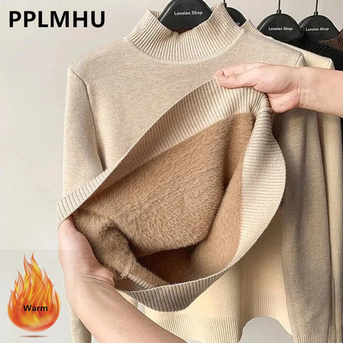 Turtleneck Slim Thicken Knitted Pullovers Plus Velvet Sweater Casual