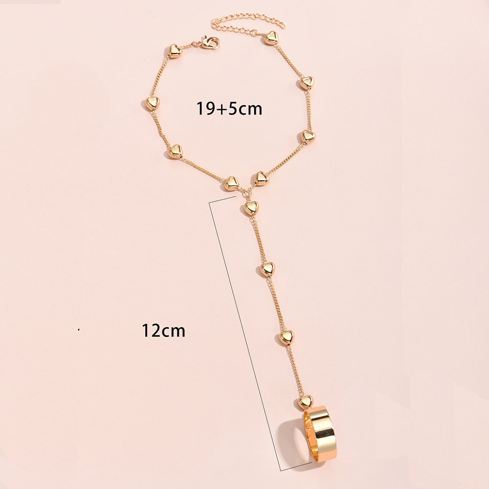 Simple Heart Pendant Chain Link Connected Gold Metal Wide Finger Ring Bracelets