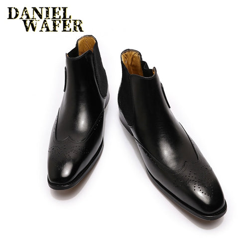 Chelsea Boots Genuine Leather Men Ankle Boots HSlip On Buckle Strap