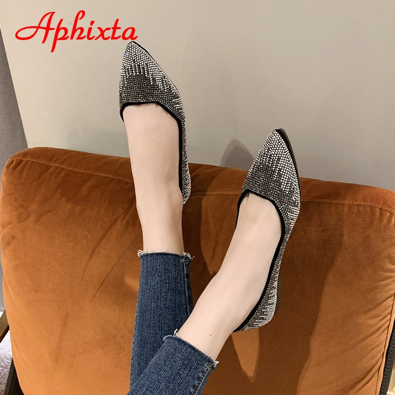 Crystals Loafers Women Soft Flat Heel Shoes Pointed Toe Female Ladies Slip On