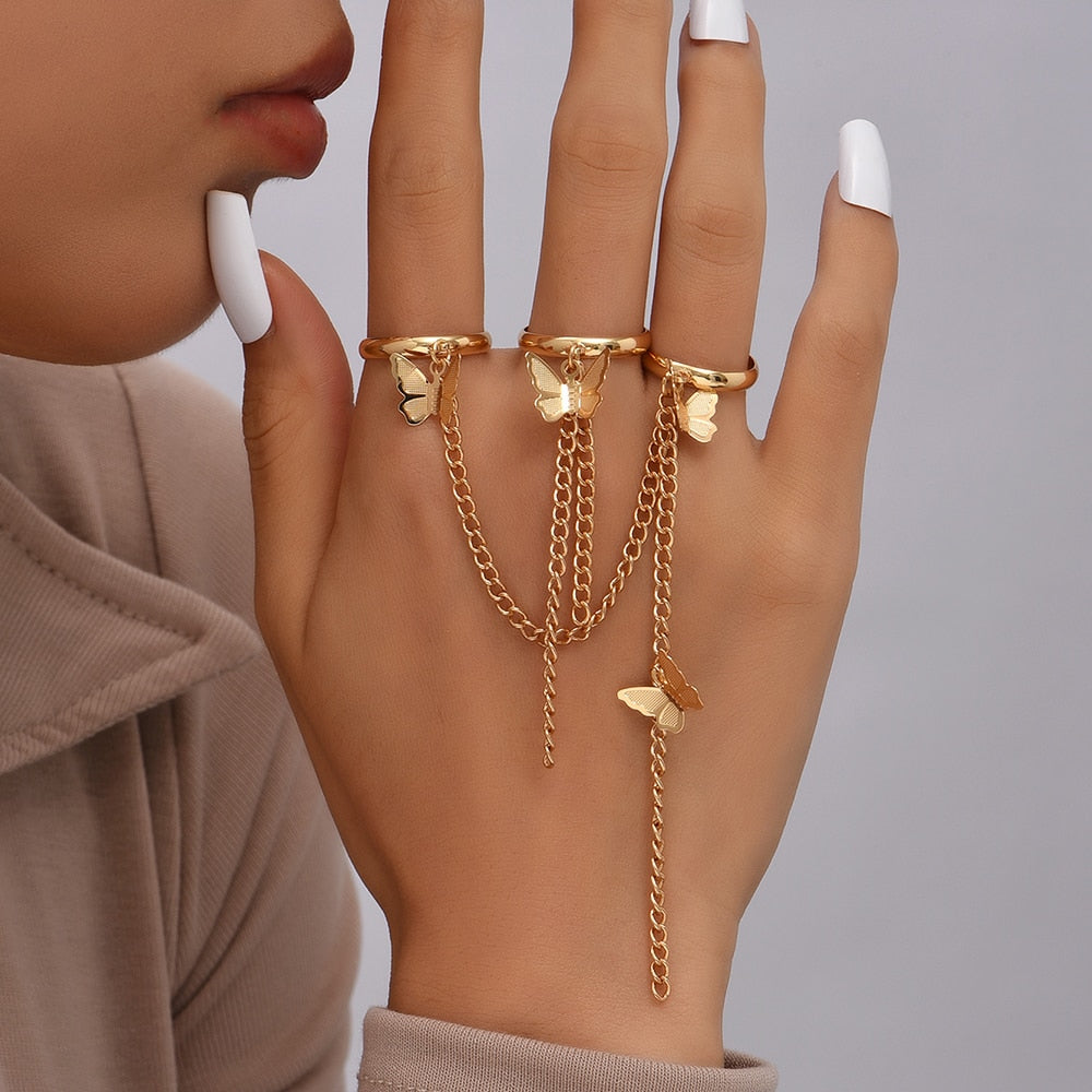 Simple Heart Pendant Chain Link Connected Gold Metal Wide Finger Ring Bracelets