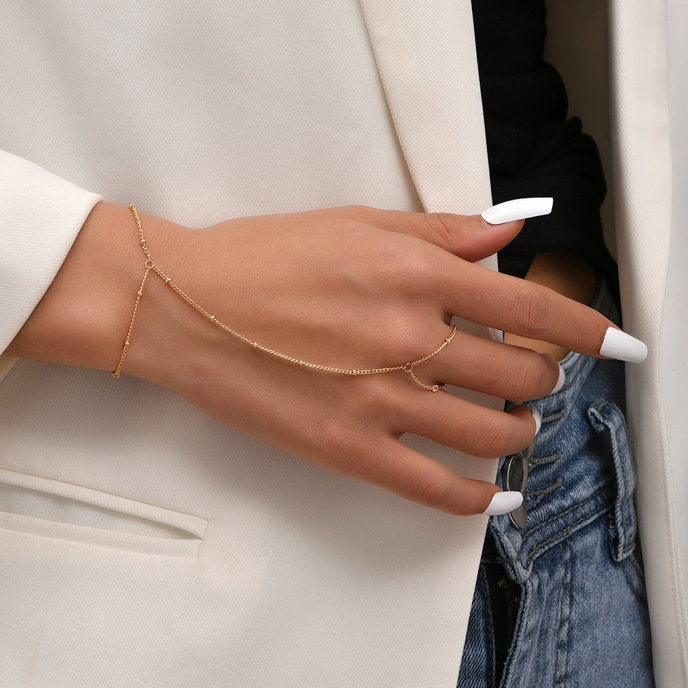 Simple Heart Pendant Chain Link Connected Gold Metal Wide Finger Ring Bracelets