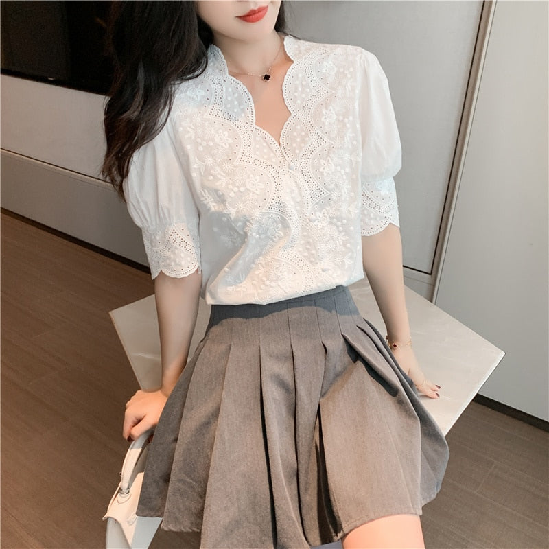 Casual White Tops Embroidery Lace Spring Femme Shirt