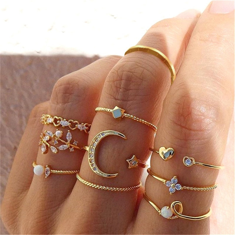 Vintage Bohemian Butterfly Sets Zircon Flower Leaf Open Rings