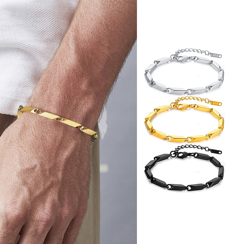 Bar Link Baht Link Chain Bracelet Stainless Steel Gold Plated Bamboo Bracelets