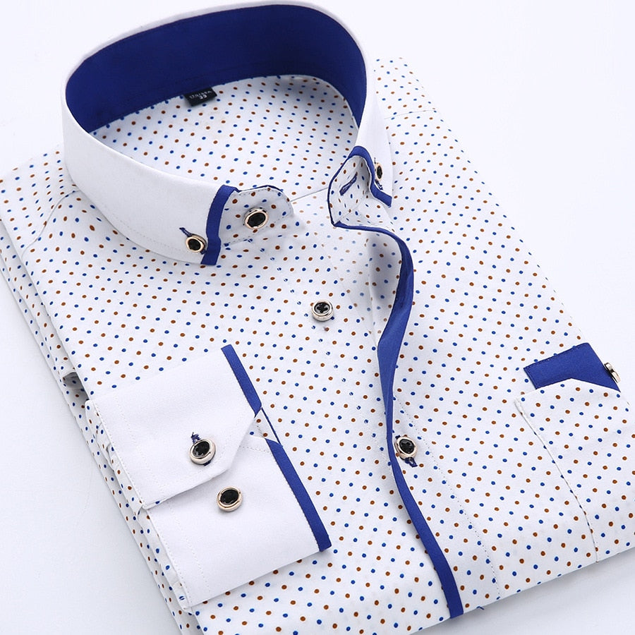 Men Shirt Long Sleeve Slim Fit Button Down Collar Printed Business