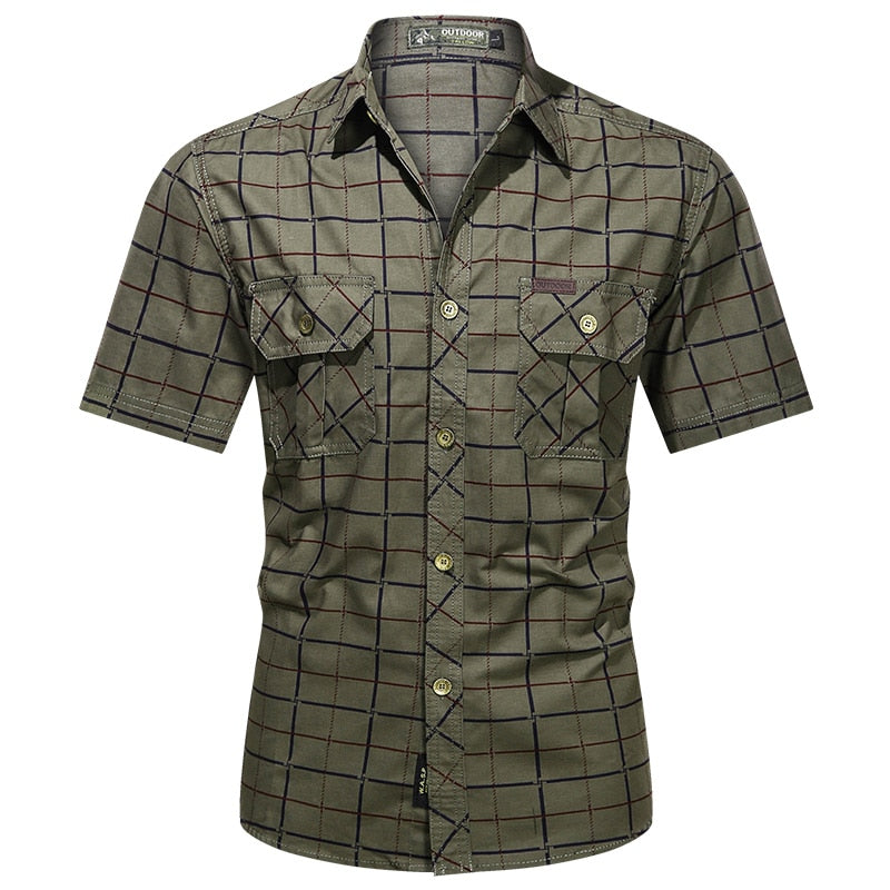 Men Plaid Shirt Short Sleeve Bomber 100% Pure Cotton Business Lapel Shirt