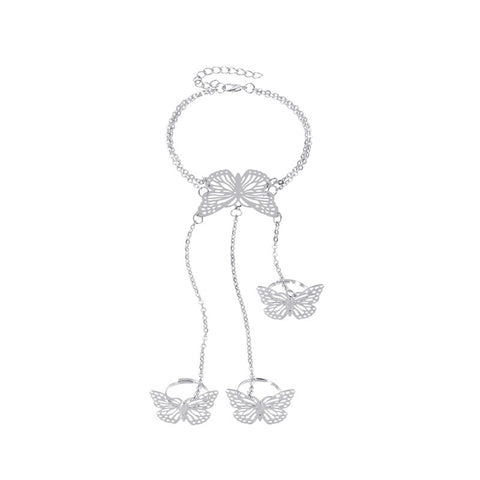 Fashion Chain Link Ring Full Rhinestone Vintage Flower Double Finger Rings