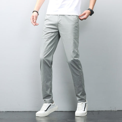 Men Stretch Slim Classic Fit Chino Pant Thin Cotton Elastic Waist Business Casual