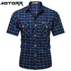 Men Plaid Shirt Short Sleeve Bomber 100% Pure Cotton Business Lapel Shirt